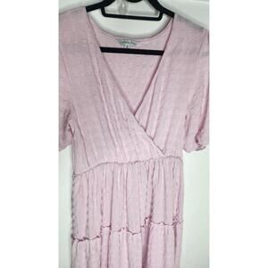 Ophelia Roe Dress Womens Medium Pink Textured Tiered Midi V Neck Puff Sleeve